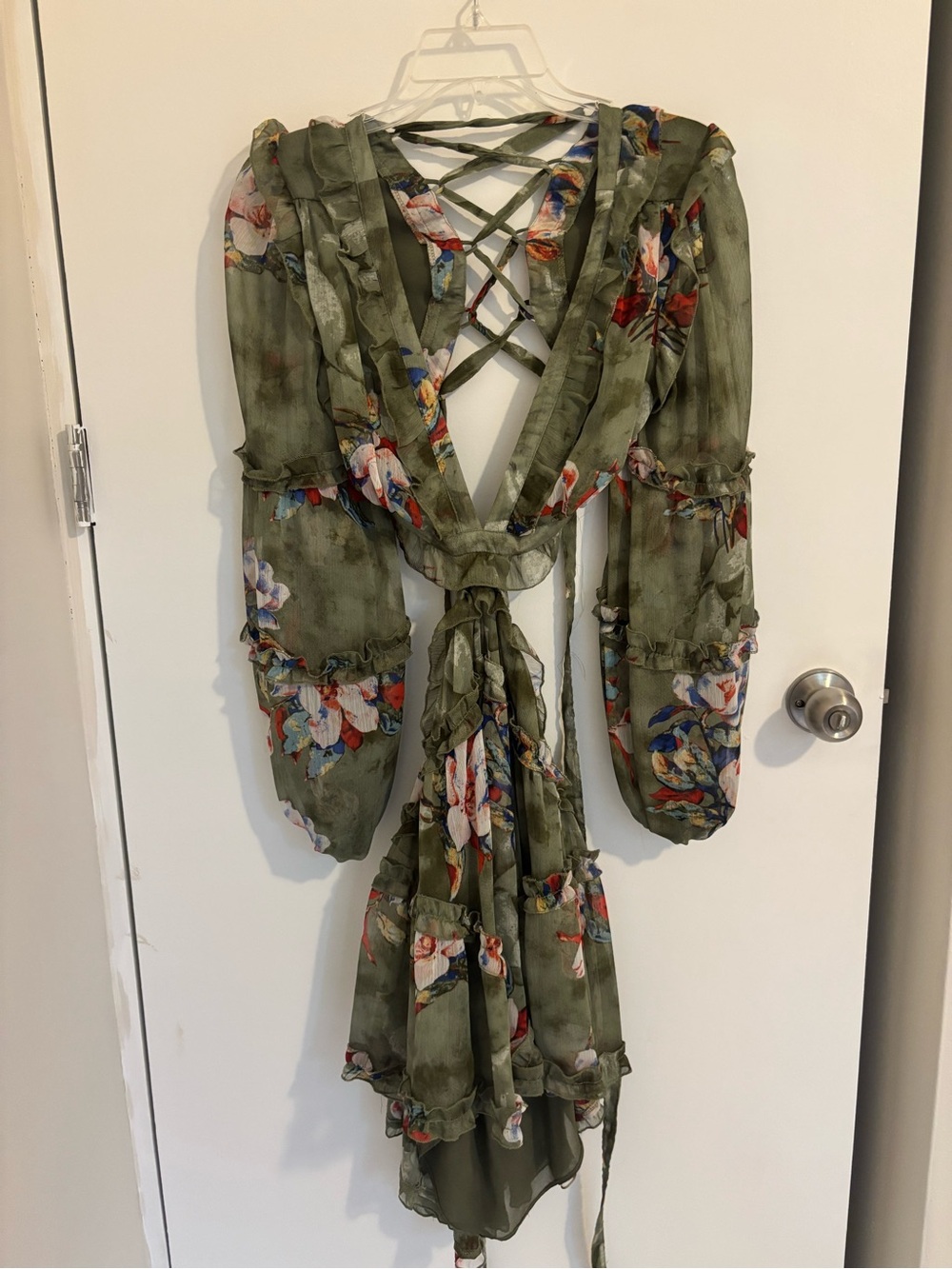 Luxxel Olive Green Floral Backless Wrap Dress